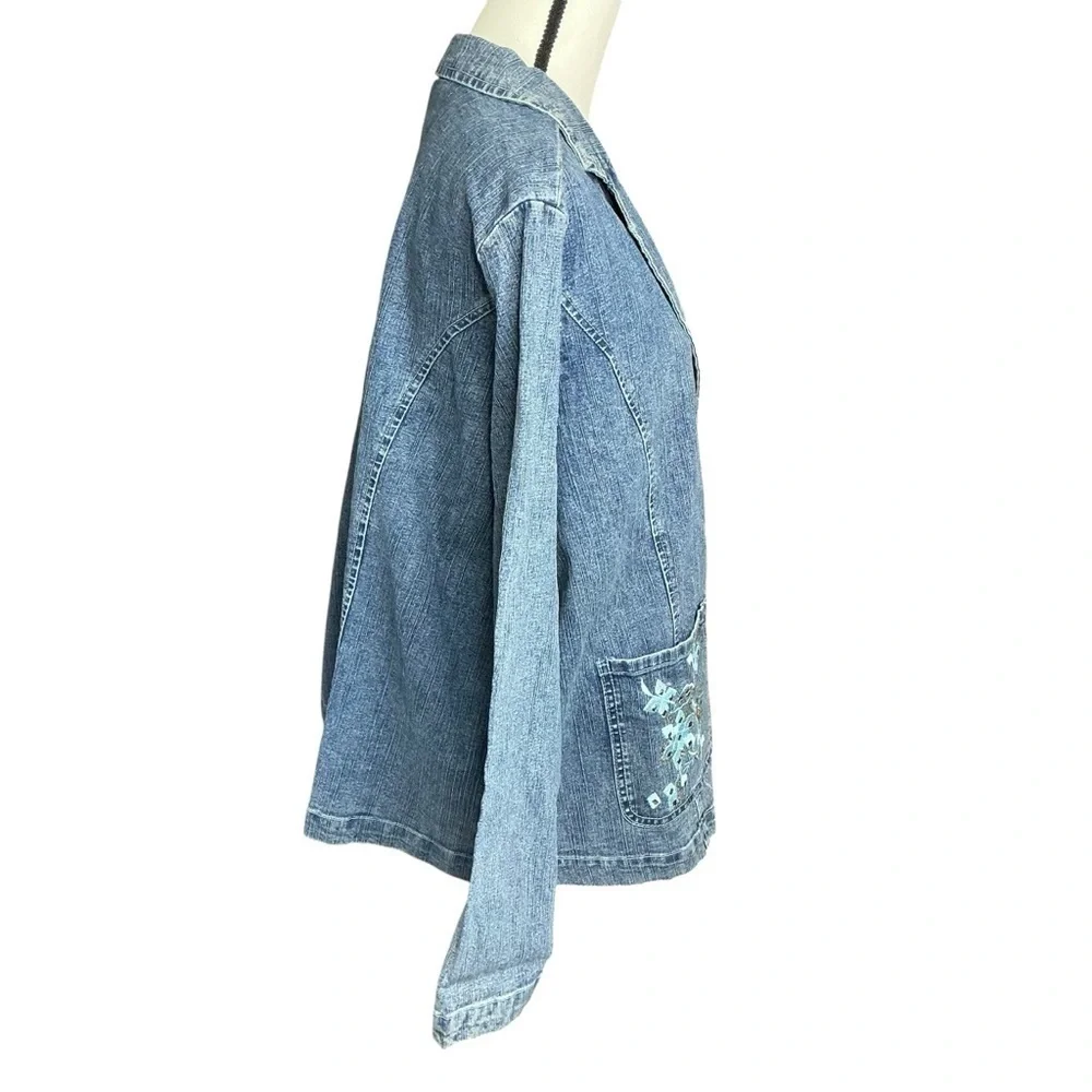 Denim 24/7 Blue Jean Jacket Blazer Long Sleeve with Embroidered Floral Design - Picture 7 of 16
